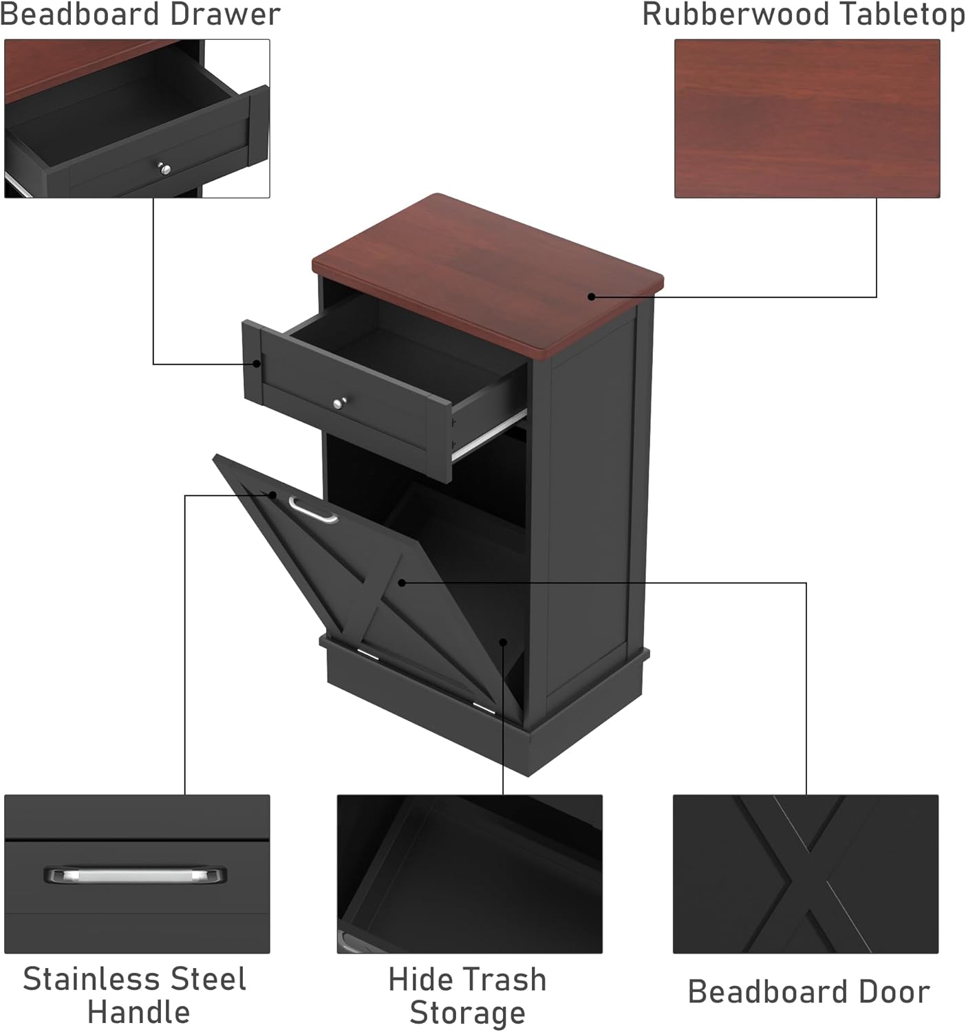 Betterhood Tilt Out Trash Cabinet 10 Gallon Wooden Free Standing Laundry Sorter, Recycling Cabinet with Hideaway Drawer, Tilt Out Trash Can Bin (Black) 35.6 H x 20.5 L x 13 W