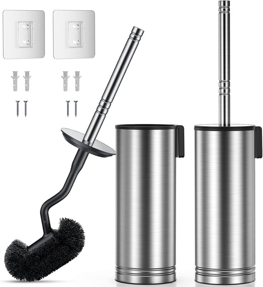 Hamitor Toilet Brush and Holder Set: 304 Stainless Steel Rustproof Toilet Scrubber with Under Rim Deep Cleaning Curved Bristle - Bathroom Cleaner Brush for Renters Homeowners Family Silver 2 Pack