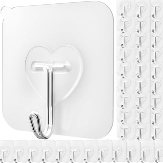 DGYB 40 Pcs Clear Adhesive Hooks for Hanging 22lb Self Adhesive Wall Hooks Heavy Duty Waterproof Transparent Sticky Hooks for Shower Home Bathroom Kitchen Office