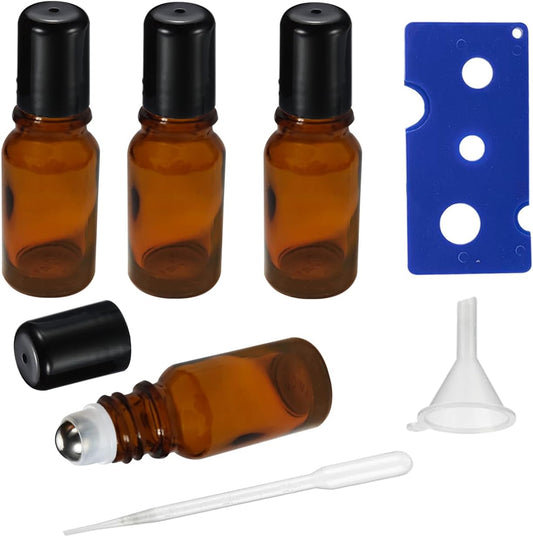 10ML Roller Bottles for Essential Oil, 4 Pack Empty Amber Glass Roller Bottle for Perfume Oil, Roll on Bottles with Stainless Steel Roller Balls, Opener, Funnel and Dropper