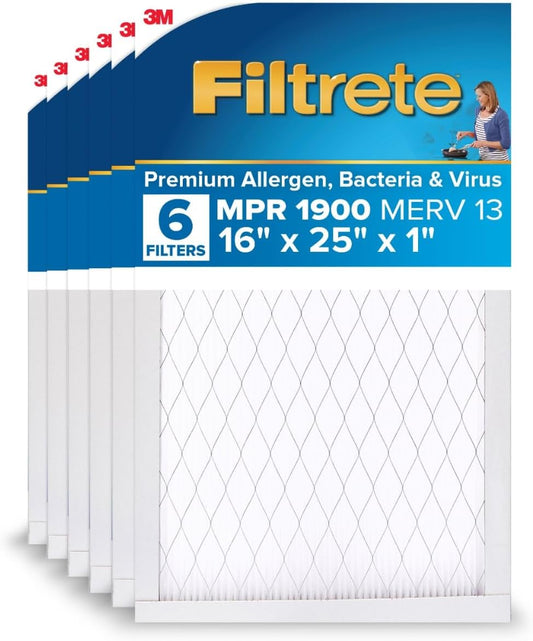 Filtrete 16x25x1 AC Furnace Air Filter, MERV 13, MPR 1900, Premium Allergen, Bacteria & Virus Filter, 3-Month Pleated 1-Inch Electrostatic Air Cleaning Filter, 6-Pack (Actual Size 15.69x24.69x0.78 in)