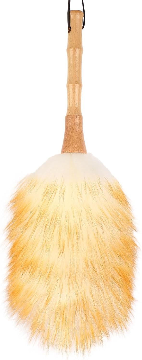 Feather Duster, Lambswool Duster for Cleaning,with Solid Wooden Handle,Leather Hang Strap,Anti-Static 14.9 inch Washable Reusable Small Hand Duster(Natural) for Office, Home and Car