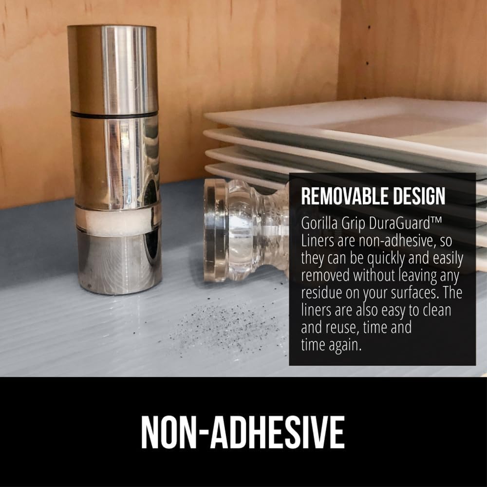 GORILLA GRIP DuraGuard Shelf Liner, Non-Adhesive Cabinet Liners for Kitchen Drawers, Shelves, Refrigerator, Pantry Storage, Bathroom Closet, Durable Waterproof BPA Free Ribbed Plastic, 12x20 Gray