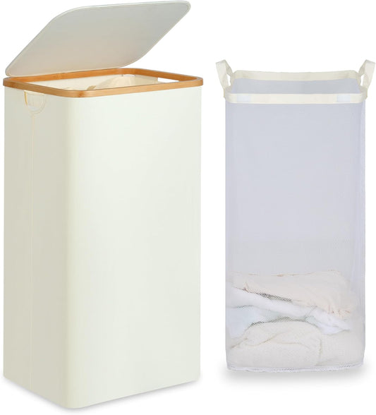 efluky Laundry Basket with Lid and Removable Bag, 100L Tall Laundry Hamper with Bamboo Handles, Aesthetic Dirty Clothes Bin for Laundry Room, Bathroom, Bedroom and Dorm, Beige