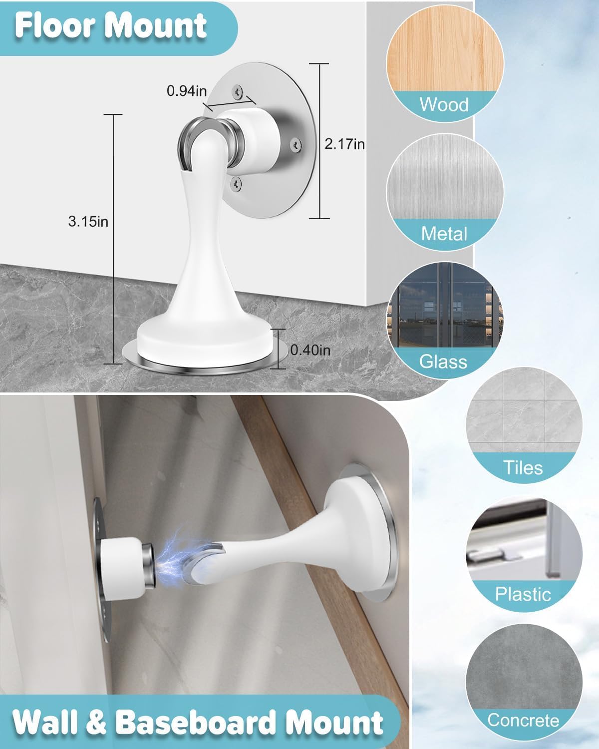 Door Stoppers Magnetic Door Catch - 6 Pack Stainless Steel Heavy Duty Door Stops for Bottom of Door, Wall & Floor Mounting No-Drill Strong Adhesive & Screws, Strong Door Holder to Keep Door Open,White