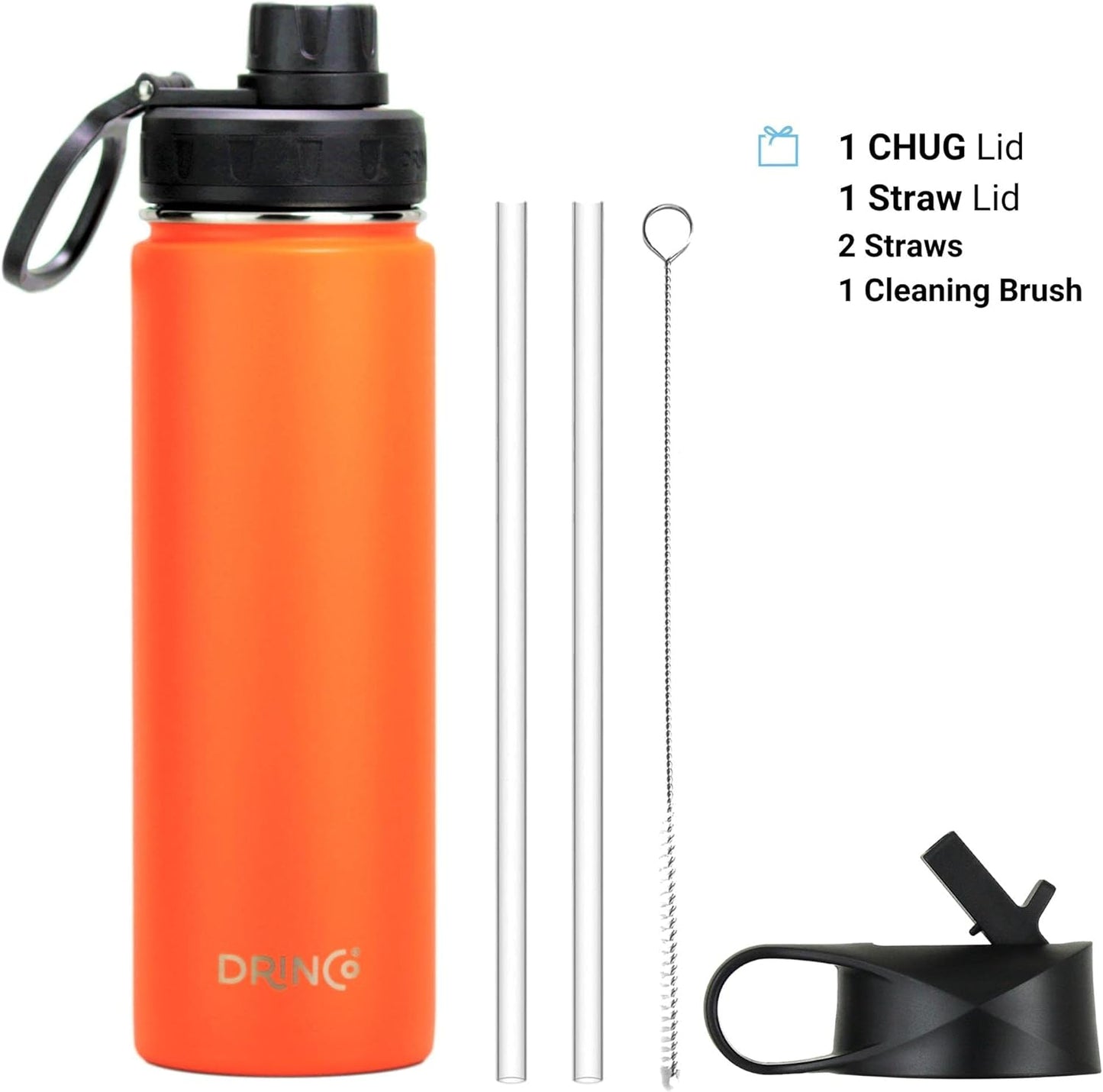 DRINCO Stainless Steel Water Bottle Spout Lid Vacuum Insulated Double Wall Water Bottle Wide Mouth (40oz 32oz 22oz 18oz 14oz) Leak Proof Keep Cold Sport Camping Hiking (22 oz, 22oz Orange)