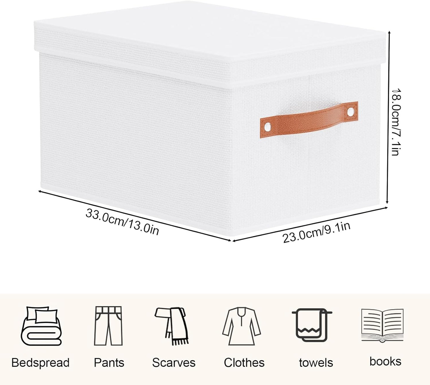 Fabric Storage Bins, 7.1 x 9.1 x 13 Inch Clothes Boxes for Shelves with Lids, Baskets for Organizing with Handles, Decorative Linen Closet Organizers, White, 5 Pack