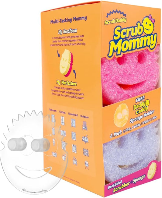 Scrub Daddy 6 Scrub Mommy Kitchen Sponges & 1 Daddy Caddy Sponge Holder - Scratch-Free for Dishes & Multipurpose Cleaning - BPA Free & Made with Polymer Foam - Stain & Odor Resistant