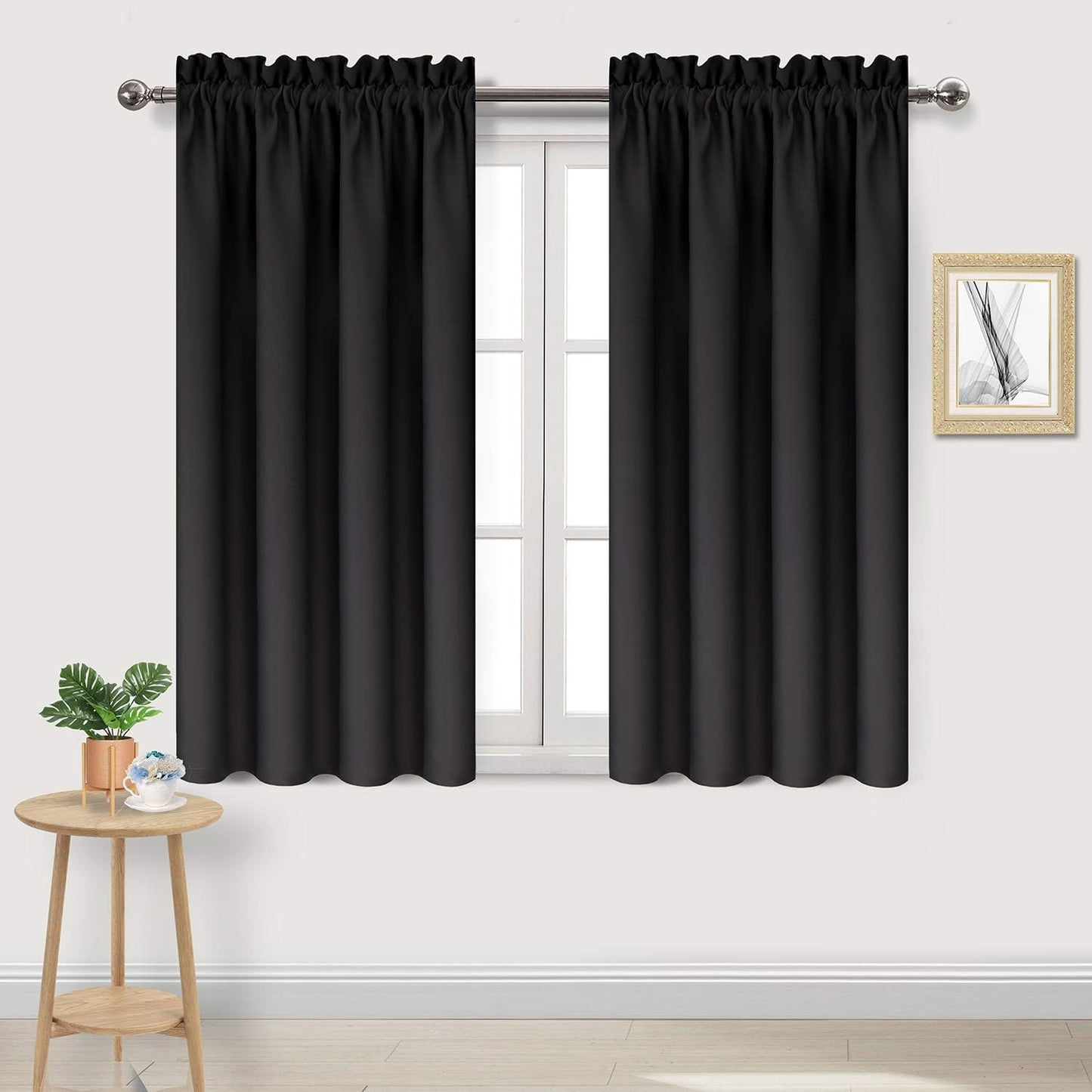 DWCN Blackout Curtains Room Darkening Thermal Insulated Bedroom Curtains Window Treatments, 42 x 45 inches Long, Set of 2 Black Rod Pocket Drapes