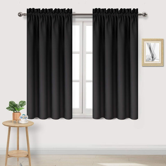 DWCN Blackout Curtains Thermal Insulated Energy Saving Bedroom and Kitchen Curtains Window Treatments, W 38 x L 45 Inch, Set of 2 Black Rod Pocket Drapes