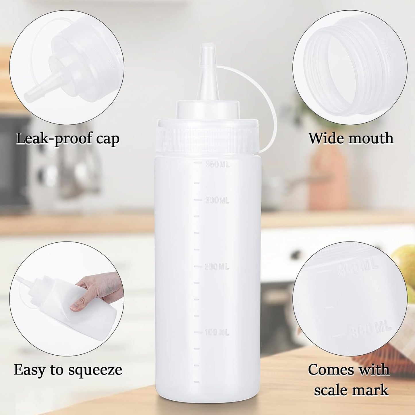 Condiment Squeeze Bottles Ketchup Dispenser, 4 Pack 12oz Squeeze Bottles for Liquids, Plastic Sauce Bottle with Cap Lid, Squirt Bottles for Sauces Liquids BBQ Dressing Pancake Art