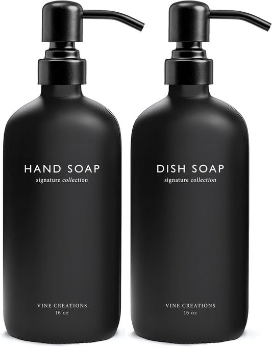 Vine Creations Black Glass Soap Dispenser Set, Dish Soap and Hand Soap Dispenser Set with Stainless Steel Pump, 16 oz Glass Dispensers for Kitchen Bathroom Decor (Matte Black Bottle/Matte Black Pump)