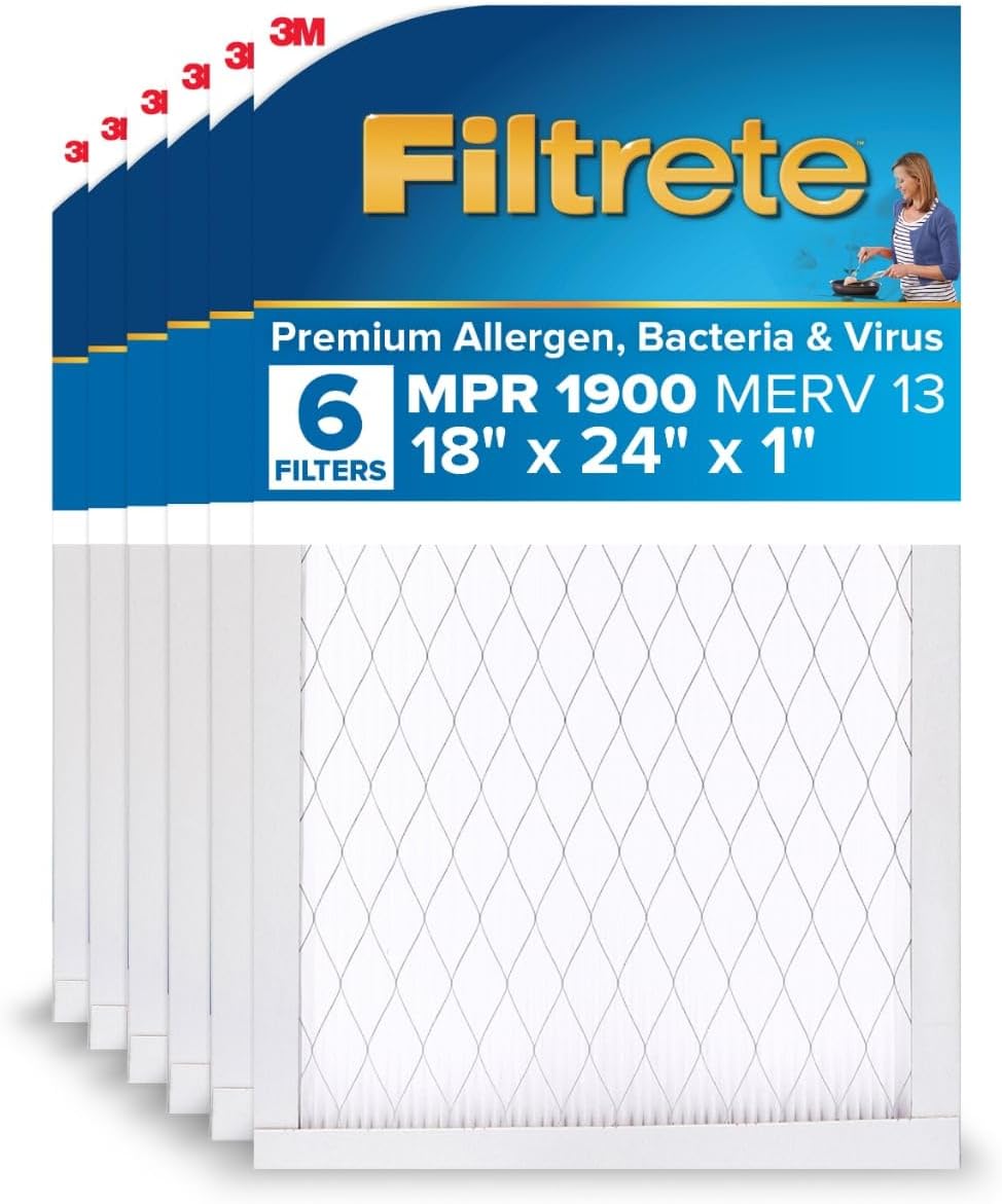 Filtrete 18x24x1 AC Furnace Air Filter, MERV 13, MPR 1900, Premium Allergen, Bacteria & Virus Filter, 3-Month Pleated 1-Inch Electrostatic Air Cleaning Filter, 6-Pack (Actual Size 17.81x23.81x0.78 in)