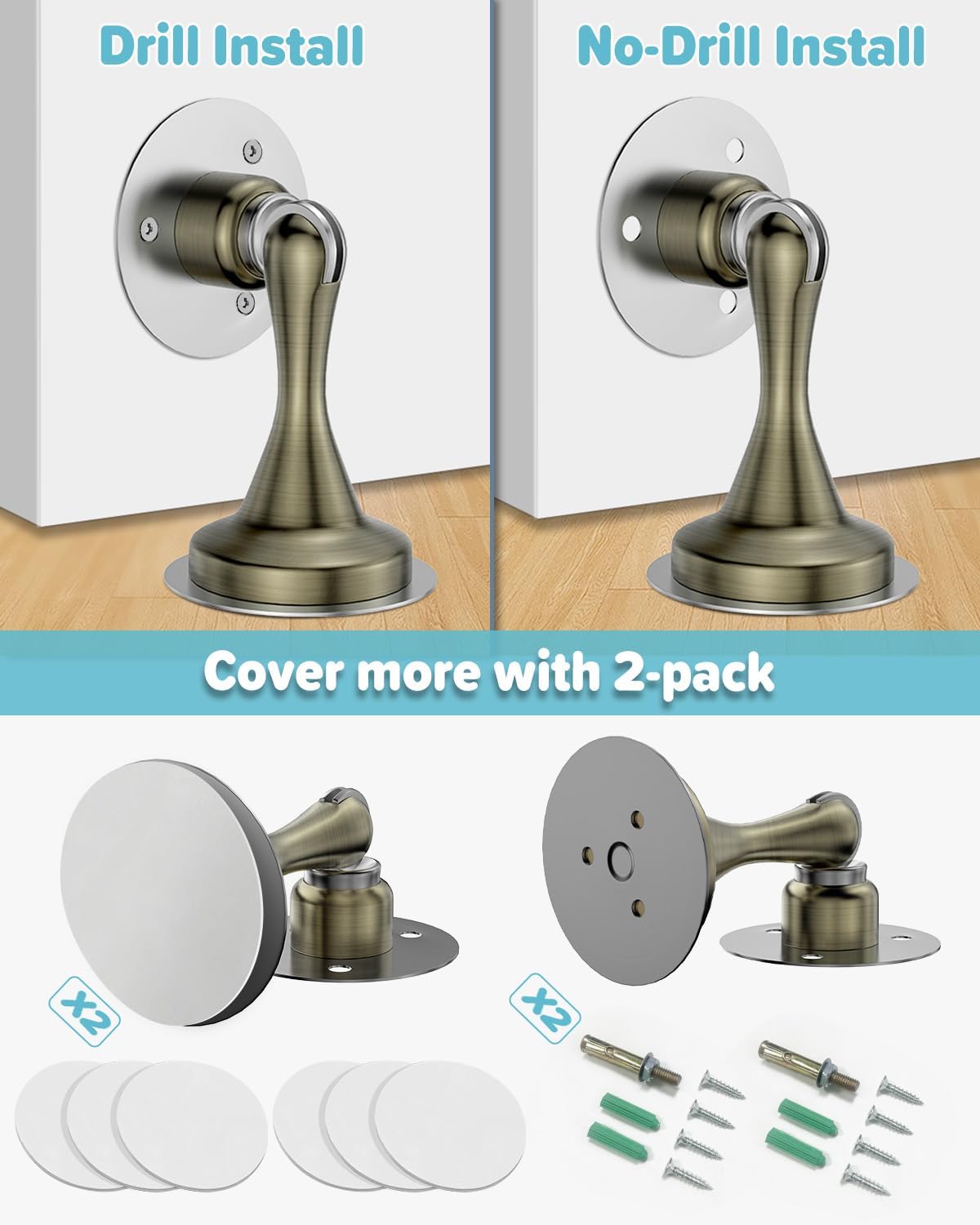 Door Stoppers Magnetic Door Catch - 2 Pack Stainless Steel Heavy Duty Door Stops for Bottom of Door, Wall & Floor Mounting No-Drill Strong Adhesive & Screws, Door Holder to Keep Door Open,Bronze
