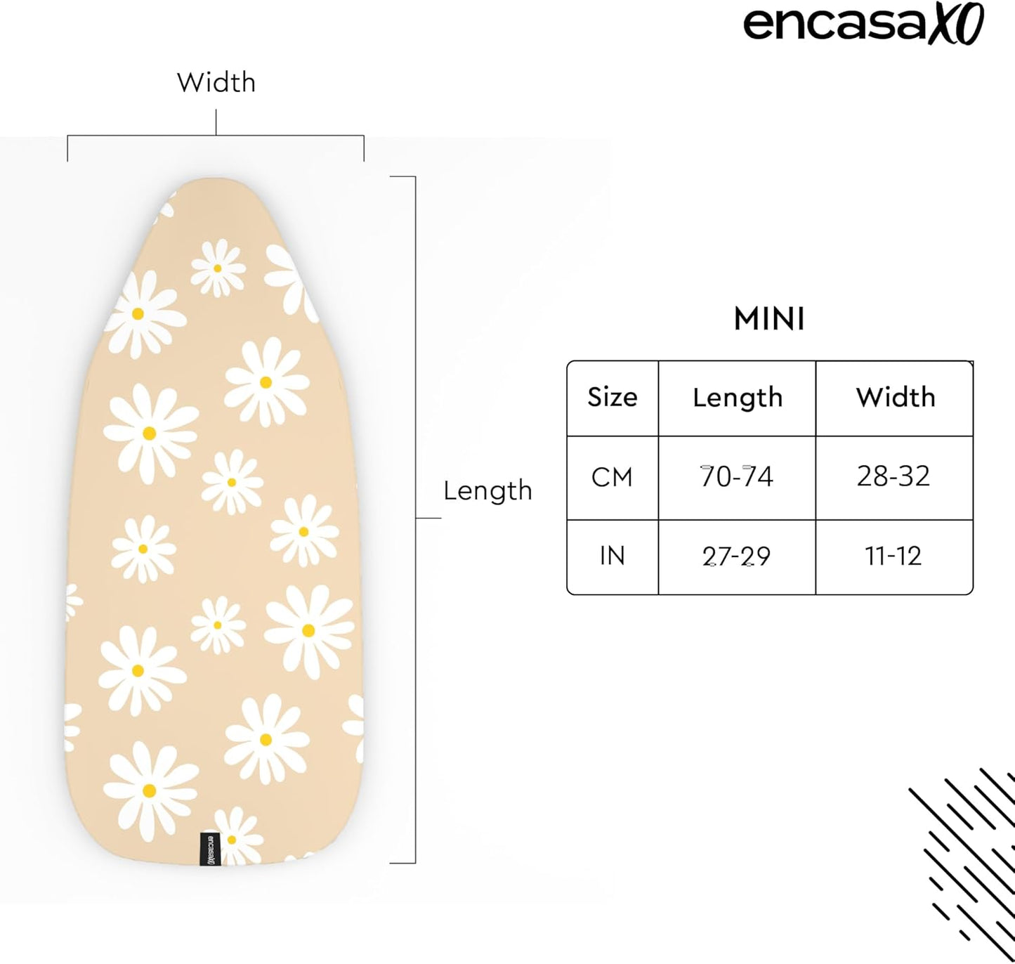 Encasa XO Ironing Board Cover and Pad 28"x12" - Thick 3mm Felt Padding, Drawstring Tightening & Lock, Easy Fit, Scorch & Stain Resistant, Fits Mini Ironing Board - Daisy Beige