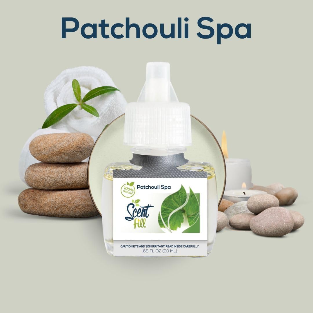 Scent Fill 100% Natural Patchouli Spa Plug in Air Freshener, Scented Oil Refills, 2 Refills + Diffuser