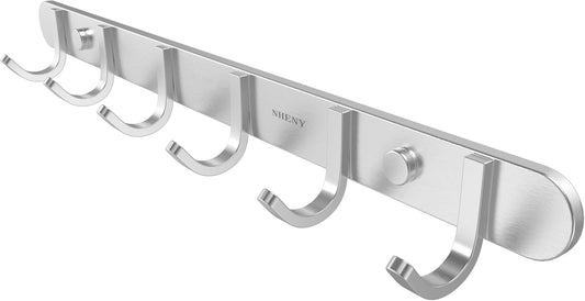 Coat Hook Wall Mount Towel Rack with 6 Hooks Hanger for Hanging Clothes, Bags, Keys, and Towels Bathroom, Entryway, Door, 304 Stainless Steel Brushed Nickel