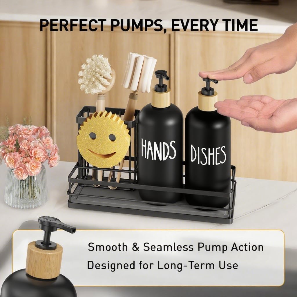 Moforoco Kitchen Dish Soap Dispenser Set, 16OZ Glass Bottle, Hand and Dish Soap Dispenser Set, Instant Dry Tray, Non-Slip Silicone Pad, Brush Holder with Smiley Face Sponge Holder（Black）