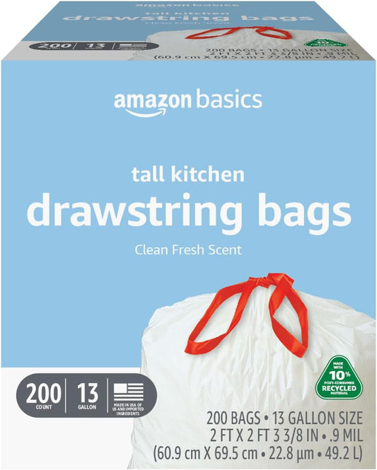 Amazon Basics 13 Gallon Tall Kitchen Drawstring Trash Bags, Clean Fresh Scnet, 10% Post Consumer Recycled, 200 Count