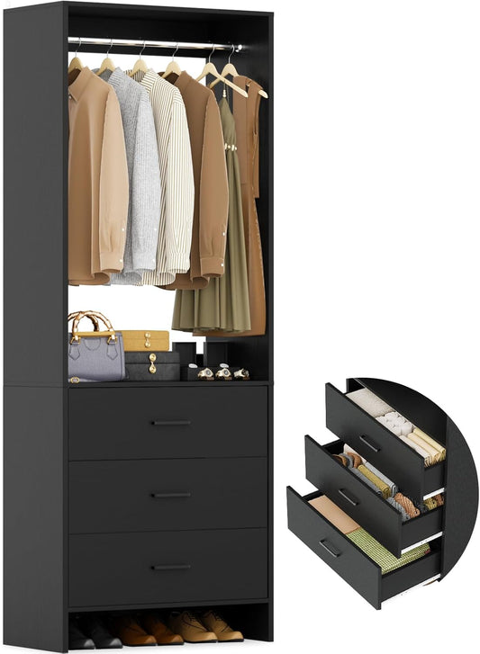 Aheaplus 2FT Closet System with 3 Drawers, 24’’ Closet Organizer, Wood Closet Organizer System, Walk-in Closet or Small Closets Wardrobe, Clothes Rack with Hanging Rods,-E7, Black