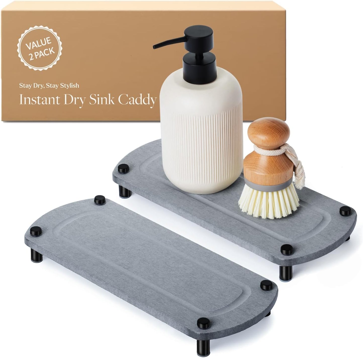 2PCS Water Absorbing Stone Soap Tray for Kitchen Bathroom Sink, Quick Dry Diatomaceous Earth Drying Rack and Shower Caddy, Soap Dispenser and Sponge Holder Organizer for Countertop