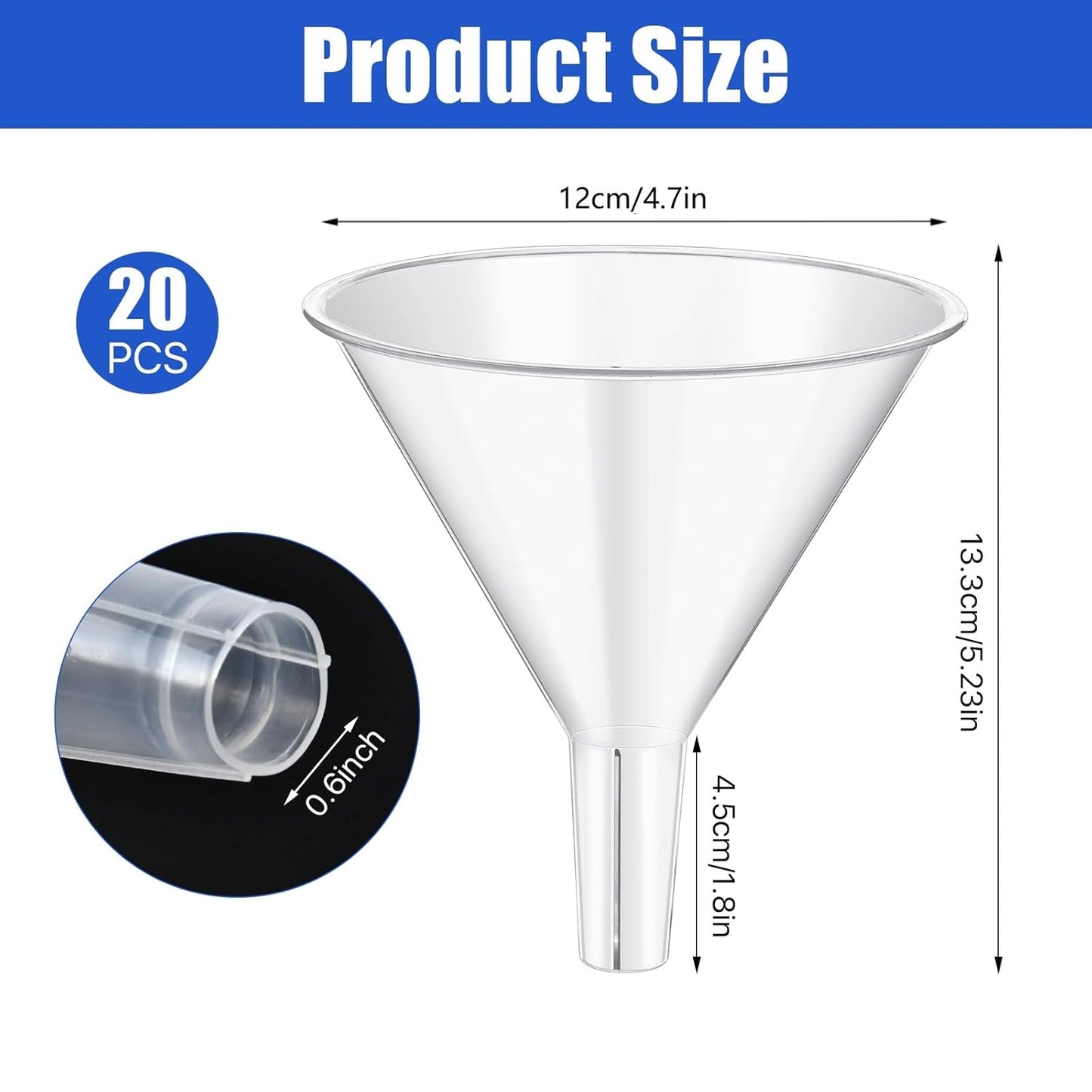 20PCS Plastic Funnels, 4.7'' Clear Plastic Funnels, Wide Mouth Funnel for Filling Bottles, Large Funnel with Long Reaching Spout for Liquid Spices Powder Lotion Perfume Automotive Use