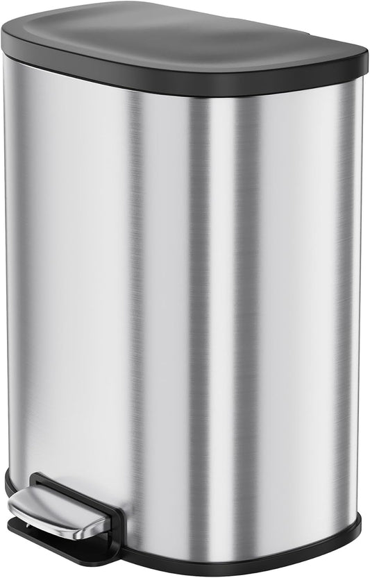 13.2 Gal/50L D-Shape Trash Can, Step-On Stainless Steel Garbage Can, Soft-Close Lid, Anti-Fingerprint Surface, Recycling Bin with Removable Inner Basket for Kitchen Dining Room