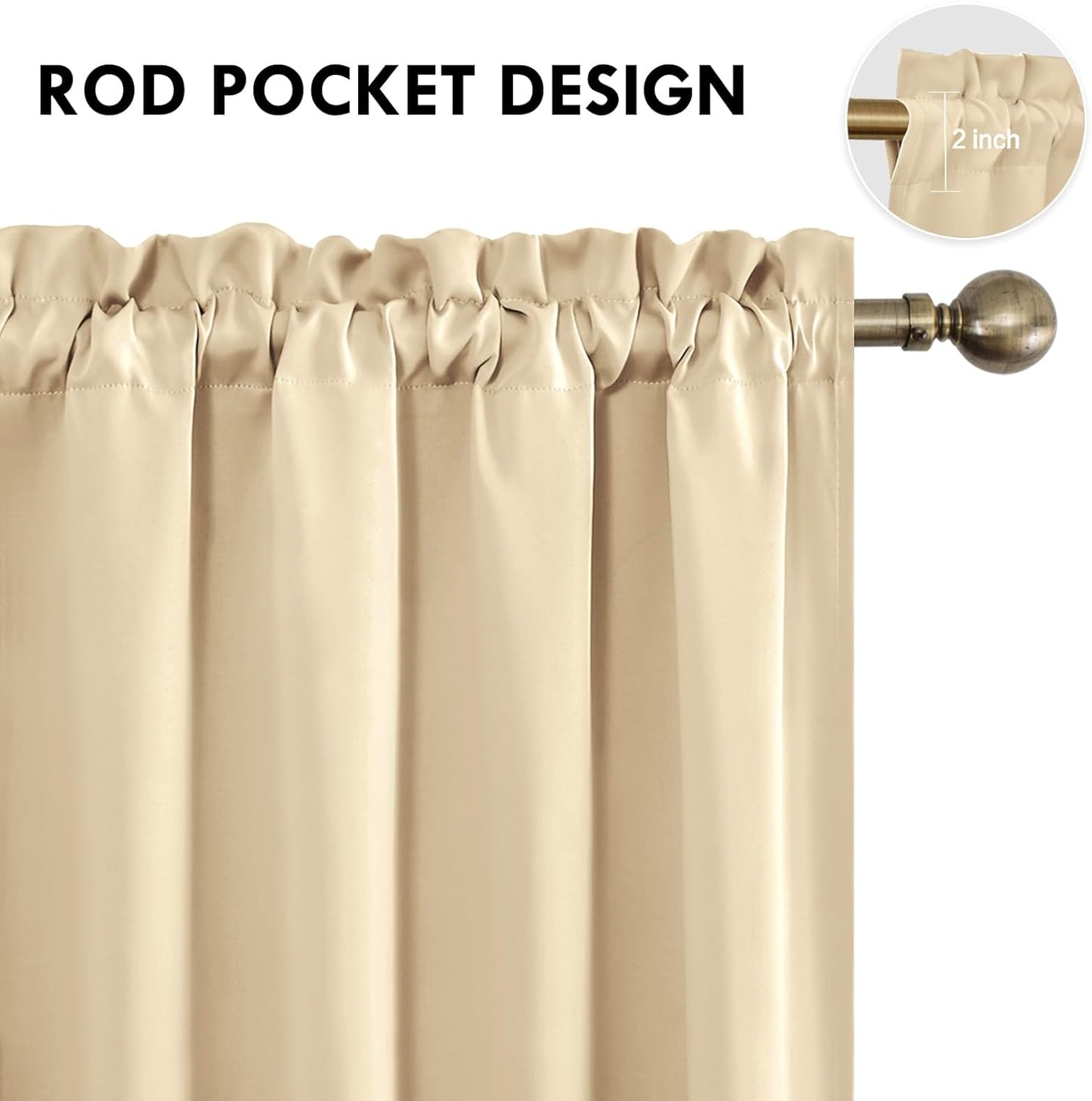 DWCN Blackout Curtains for Living Room Thermal Insulated, Energy Saving & Noise Reducing Bedroom Curtains, Beige, W 52x L 36 Inch, Set of 2 Rod Pocket Curtain Panels