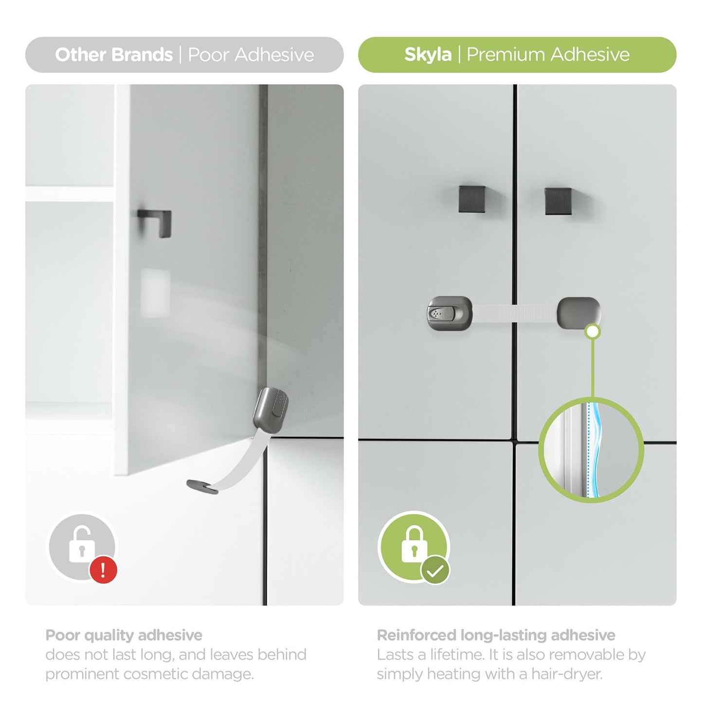 Baby Proofing Child Safety Locks (2 Pack) by Skyla Homes - The Safest, Quickest and Easiest 3M Adhesive Cabinet Latches, No Screws & Magnets, Multi-Purpose for Furniture, Kitchen, Ovens, Toilet Seats