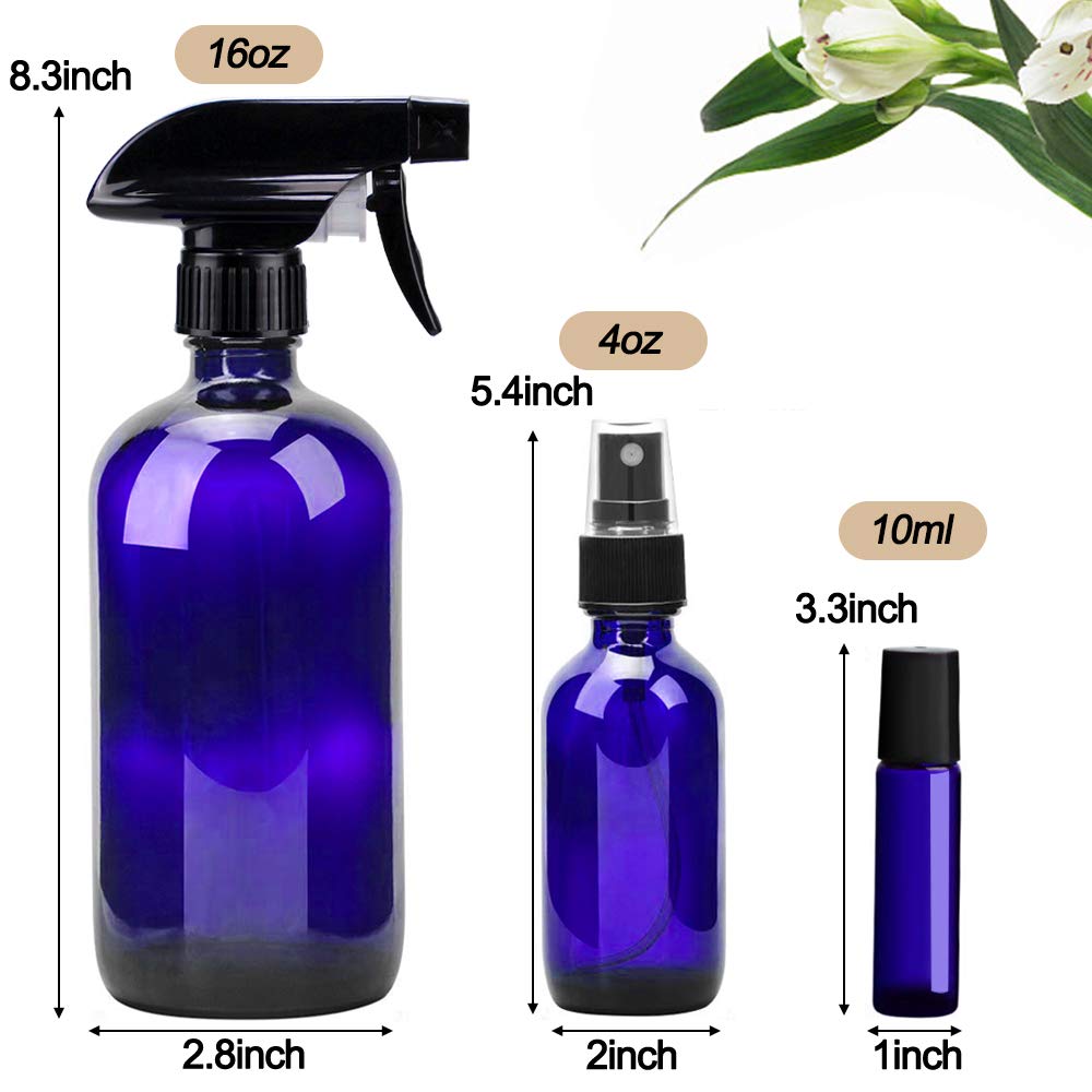 Glass Spray Bottle Kit×10 (2×16 oz, 2×4 oz, 6×2 oz), 9×10 ml Roller Bottles, Anti UV, Multi Size and Versatile, Suitable for Aromatherapy, Facial Moisturizing, Watering, etc.(Blue