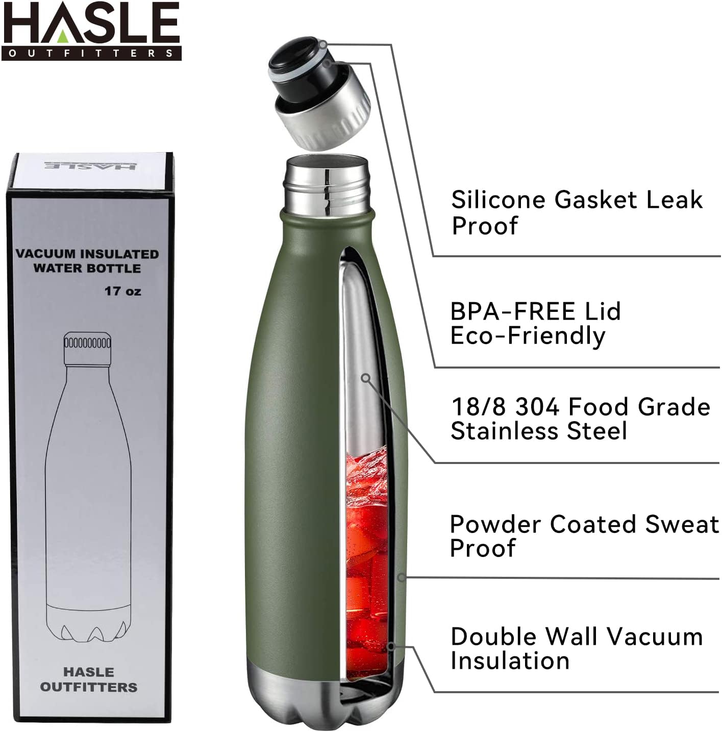 HASLE OUTFITTERS 17oz Stainless Steel Water Bottles, Vacuum Insulated Double Walled Powder Coated Reusable Metal Sports Water Bottles Keep Drinks Hot and Cold, ArmyGreen, 1Pack