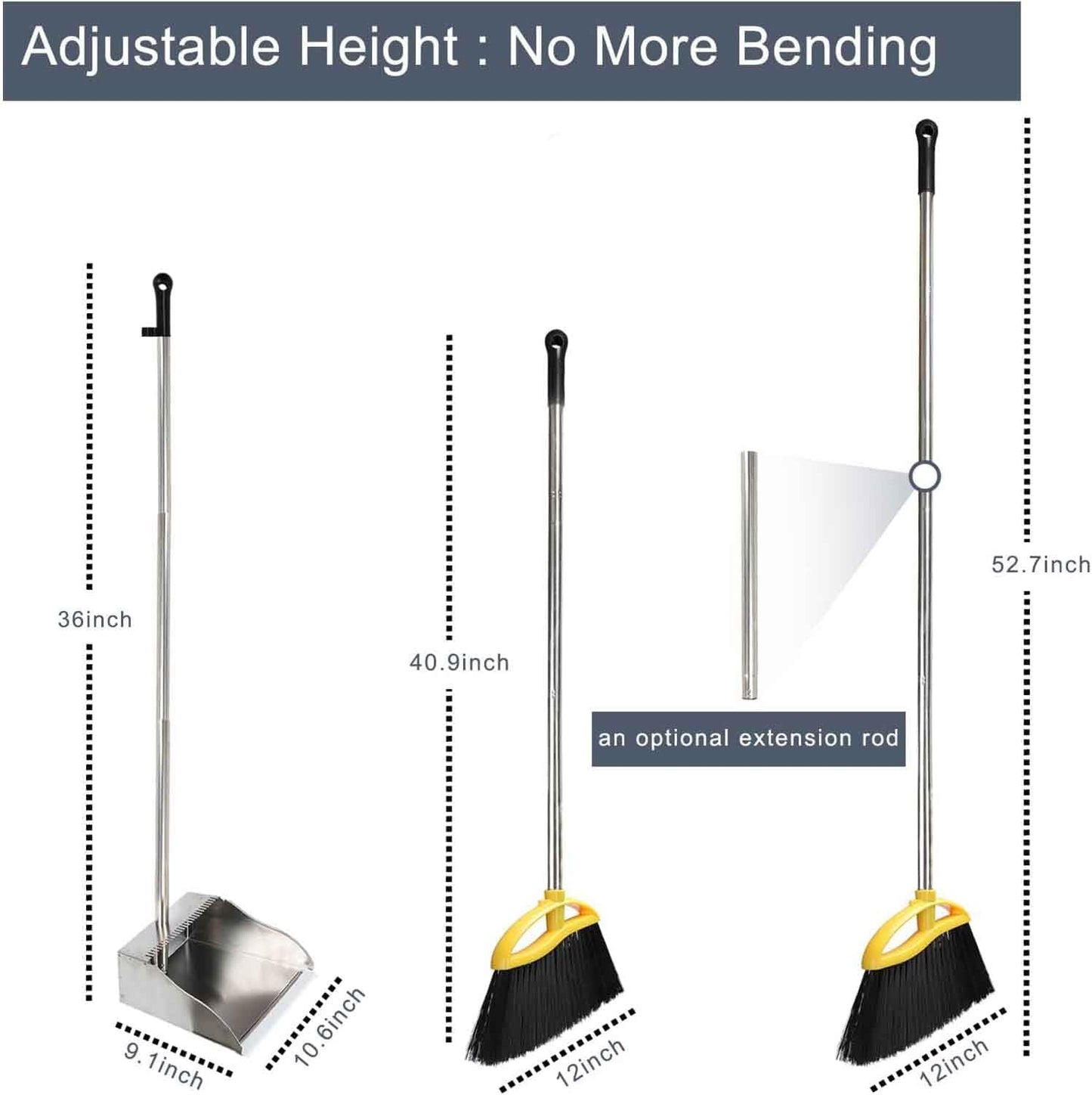 Broom and Stainless Steel Dustpan Set for Home,Metal Dust Pan and Soft Bristles Indoor Kitchen Broom for Office,Lobby