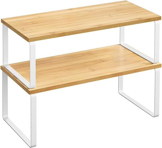 Cabinet Organizer Shelf, Kitchen Counter Storage, 2-Piece Set, Stackable Spice Rack, Metal and Wood (White and Natural Beige)