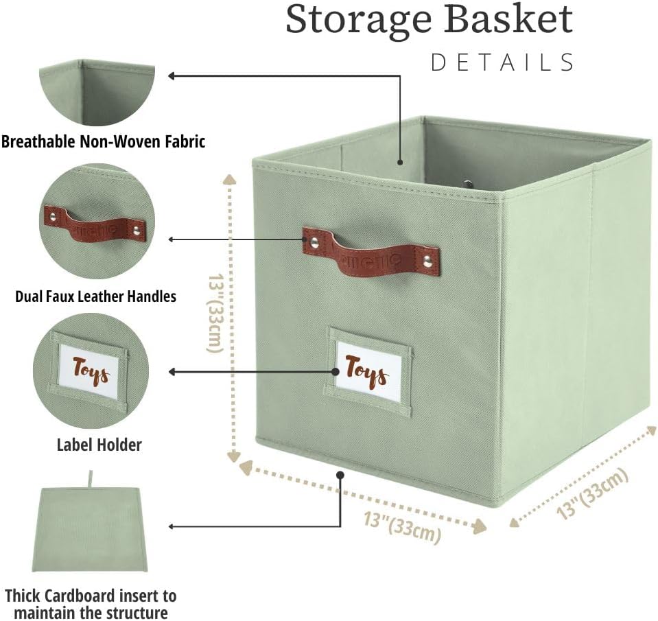 DECOMOMO Storage Cubes, 13x13x13 Storage Cube Bins with Labels, Fabric Organizer Bins (13" / 6pcs, Sage Green)