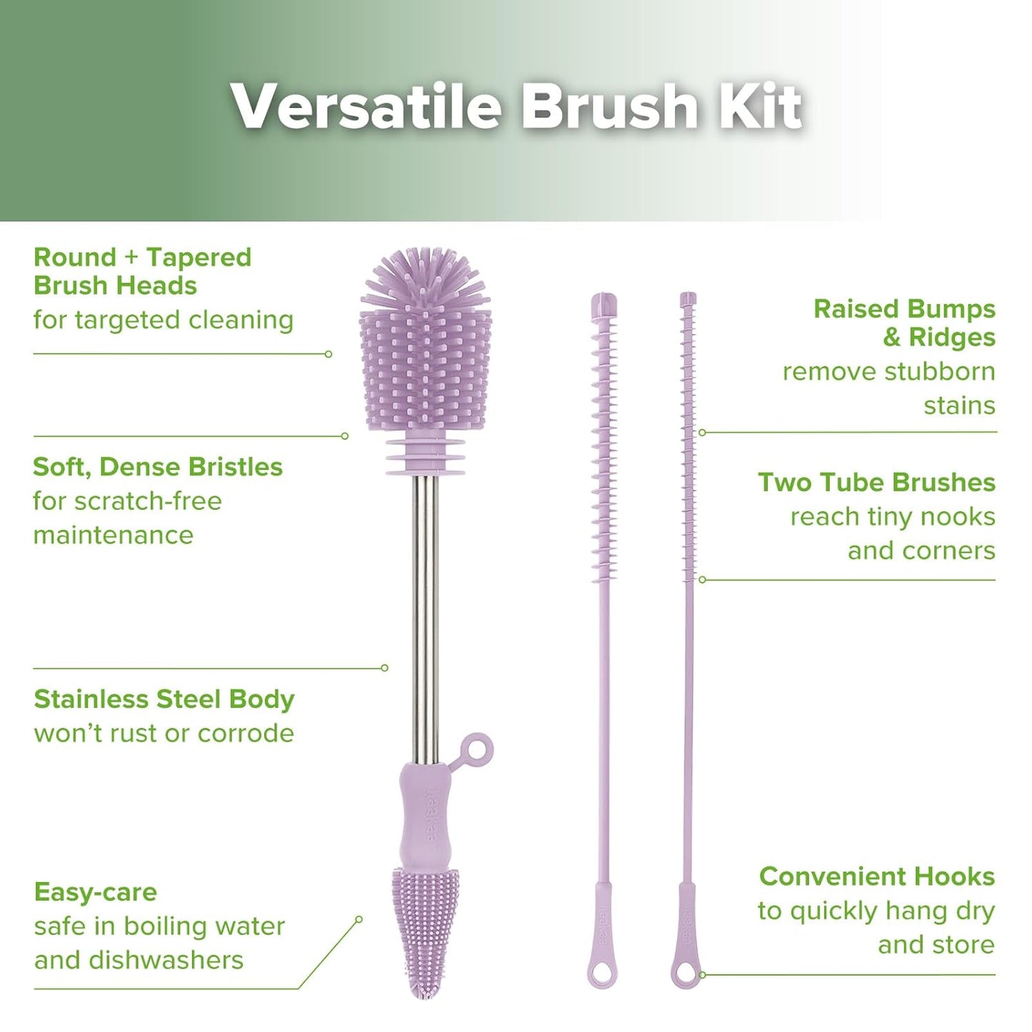 haakaa Silicone Cleaning Brush Kit - Baby Bottle Brush Cleaner for Breast Pump,Nipple,Breast Milk Storage Bag,Reusable Straw,Sippy Cup - Food Grade Silicone Bristles, Portable - 3 Pcs - Lavender