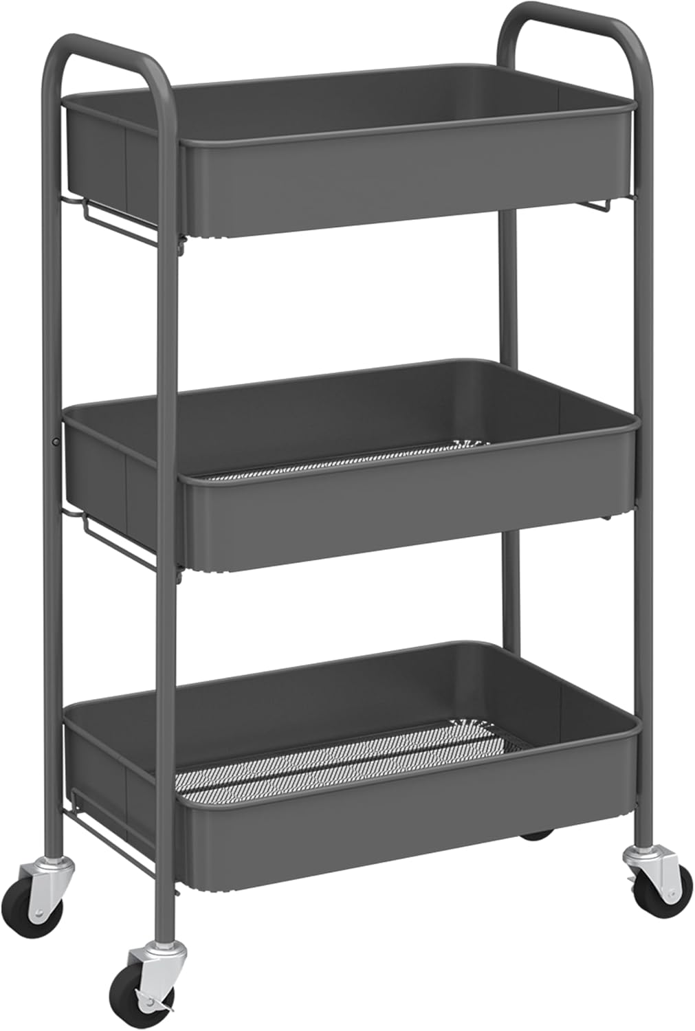 CAXXA 3-Tier Rolling Metal Storage Organizer - Mobile Utility Cart with Caster Wheels, Gray