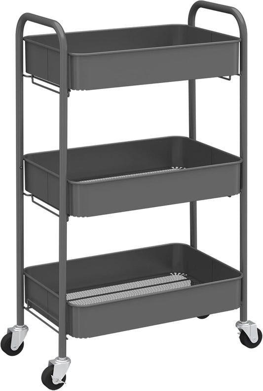 CAXXA 3-Tier Rolling Metal Storage Organizer - Mobile Utility Cart with Caster Wheels, Gray