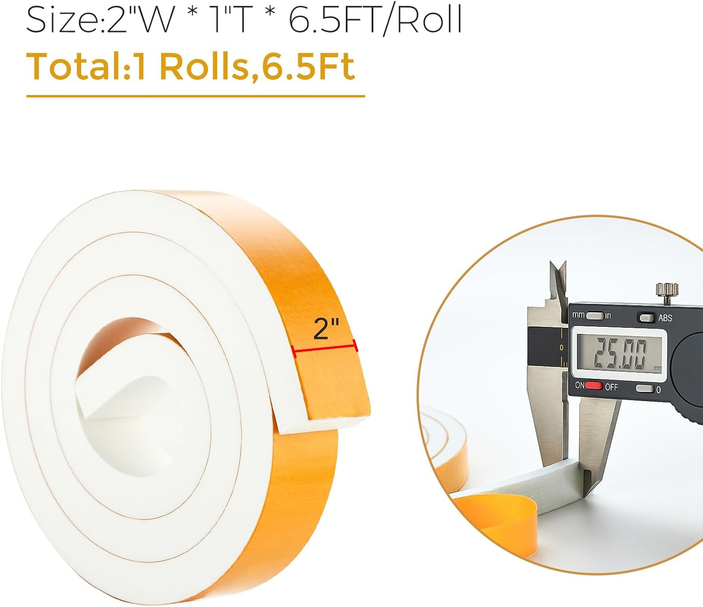 6.5 Feet Weather Stripping Door Seal, 2" Wide X 1" Thick Door Seal Strip High Density Foam Tape Adhesive Strip for Door Soundproofing,Window Insulation (2" x 1" x 6.5FT,White)