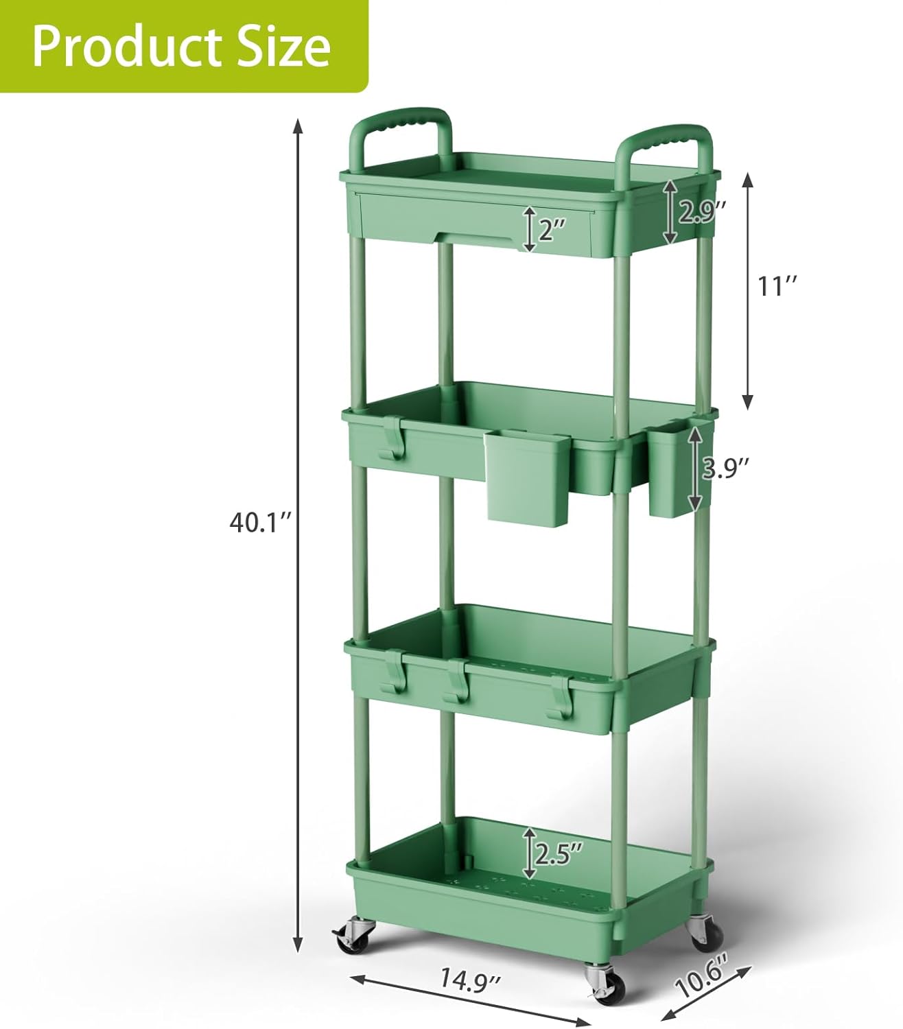 4 Tier Rolling Cart Organizer,Art Craft Diaper Bedside Snack Laundry Room Bathroom Organizer Narrow Thin Slim Rolling Trolley Utility Cart with Wheels for Kitchen,Office(Green)