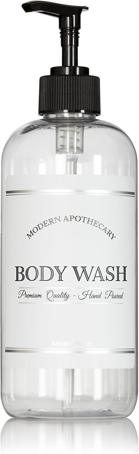 Refillable Clear PET Plastic 16 oz Body Wash Bottle with Black Plastic Pump Dispenser - Chrome Accent Waterproof Labeled Bottle