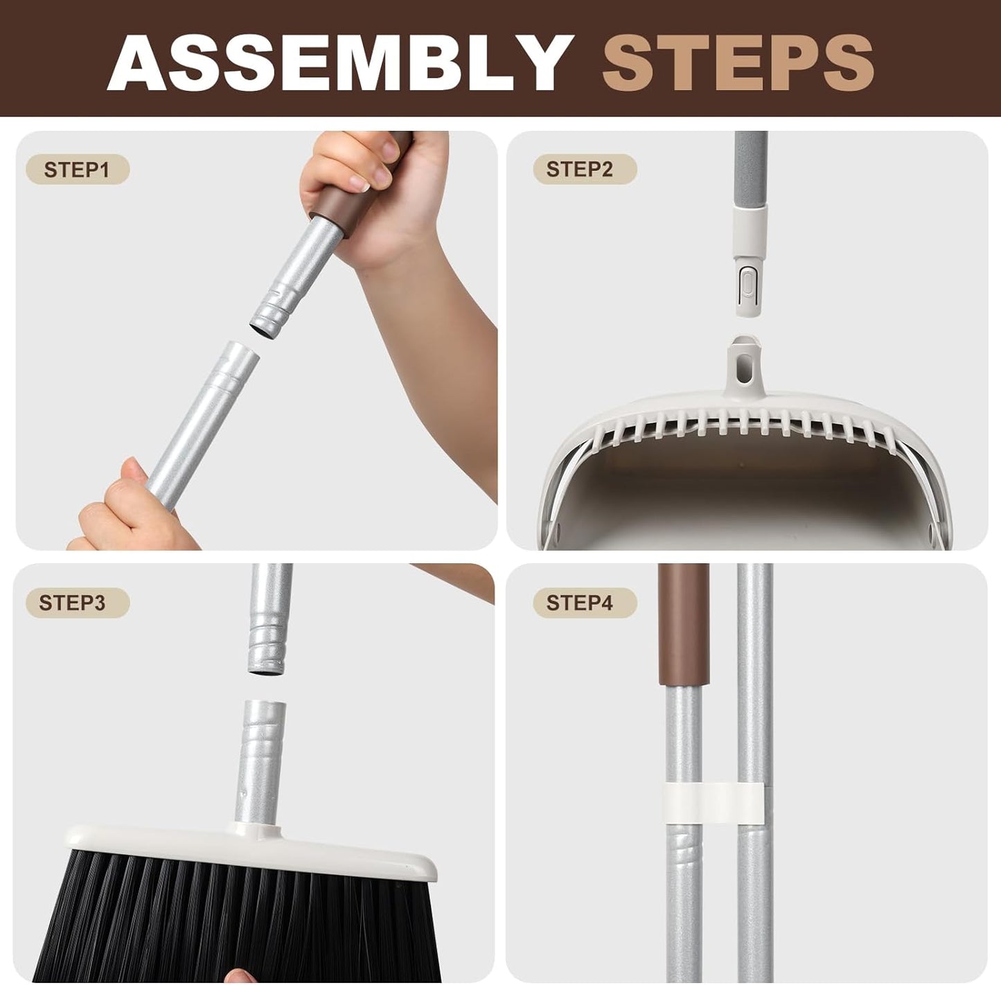 54" Long Handled Broom and Dustpan Set - Perfect Dust Pan and Brush Combo for Efficient Cleaning, Brown and White