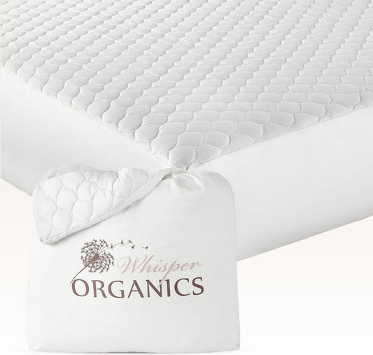100% Cotton Organic Mattress Pad - Breathable & Cooling Mattress Protector Queen Size - Premium 300GSM Quilted and Noiseless Machine Washable Organic Mattress Protector (White, Queen)