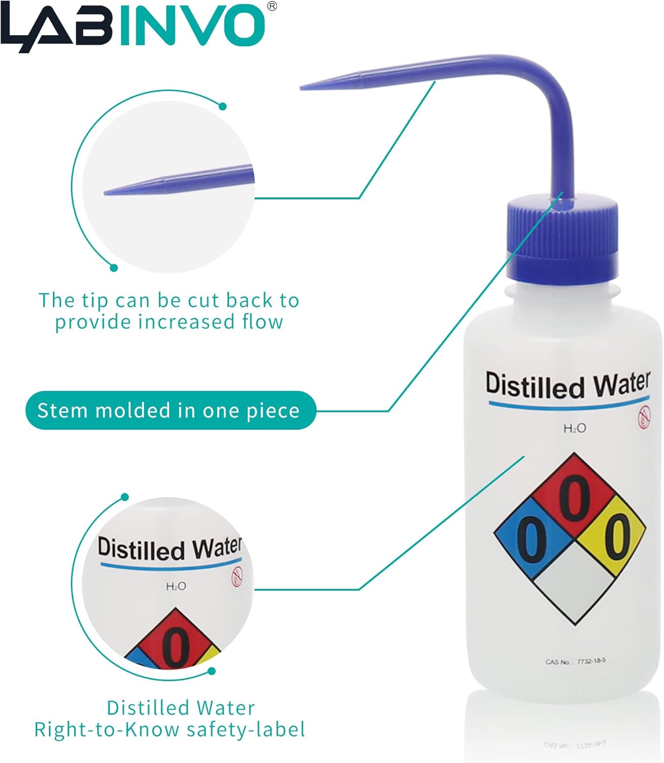 4pcs of Distilled Water Wash Bottles, Vol.500ml (17oz), Narrow Mouth, Self-Venting Safety Wash Bottles, LDPE Material, IN-WBD500