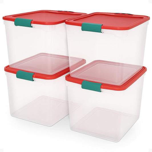 HOMZ 4-Pack Holiday Tote, Plastic Storage Organizer Bins with Lids, 31 Quart, Clear/Red - Stackable Organizing Containers for Home, Garage, and Office