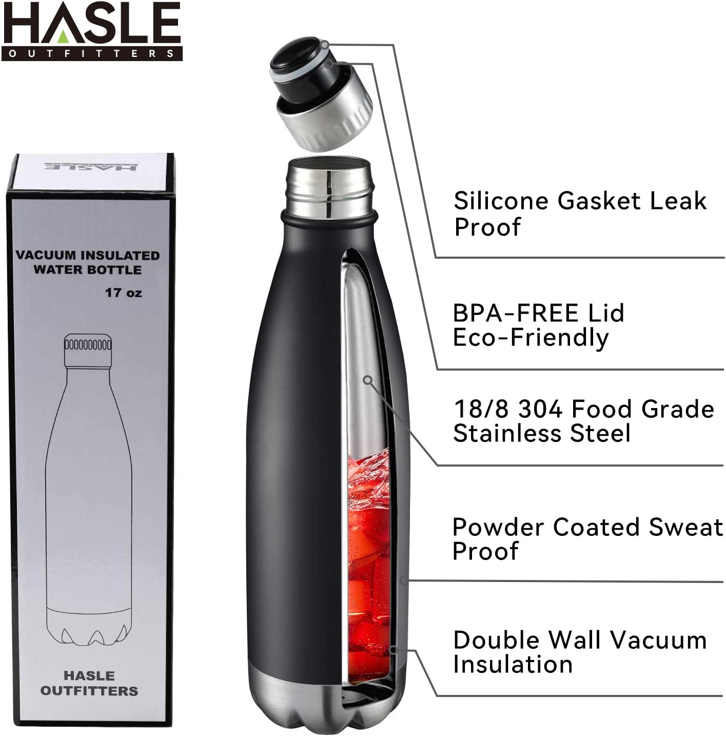 HASLE OUTFITTERS 17oz Stainless Steel Water Bottles Bulk, Vacuum Insulated Water Bottles Double Walled Reusable Metal Sports Water Bottles Keep Drinks Hot and Cold, Black, 4Packs