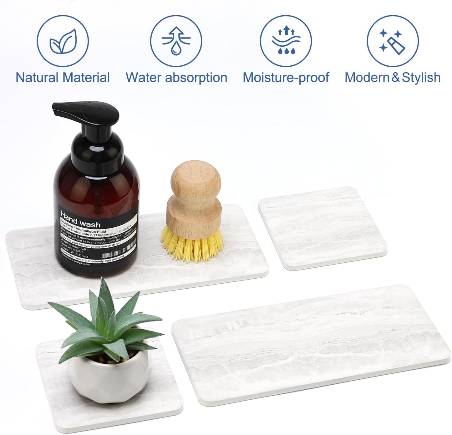 4 Pack Water Absorbing Stone Drying Tray for Bathroom Sink Trays Kitchen Counter Diatomite Stone Quick Dry Diatomaceous Earth Mat for Sink Kitchen Soap Trays Ceramic Marble Bathroom Vanity Tray