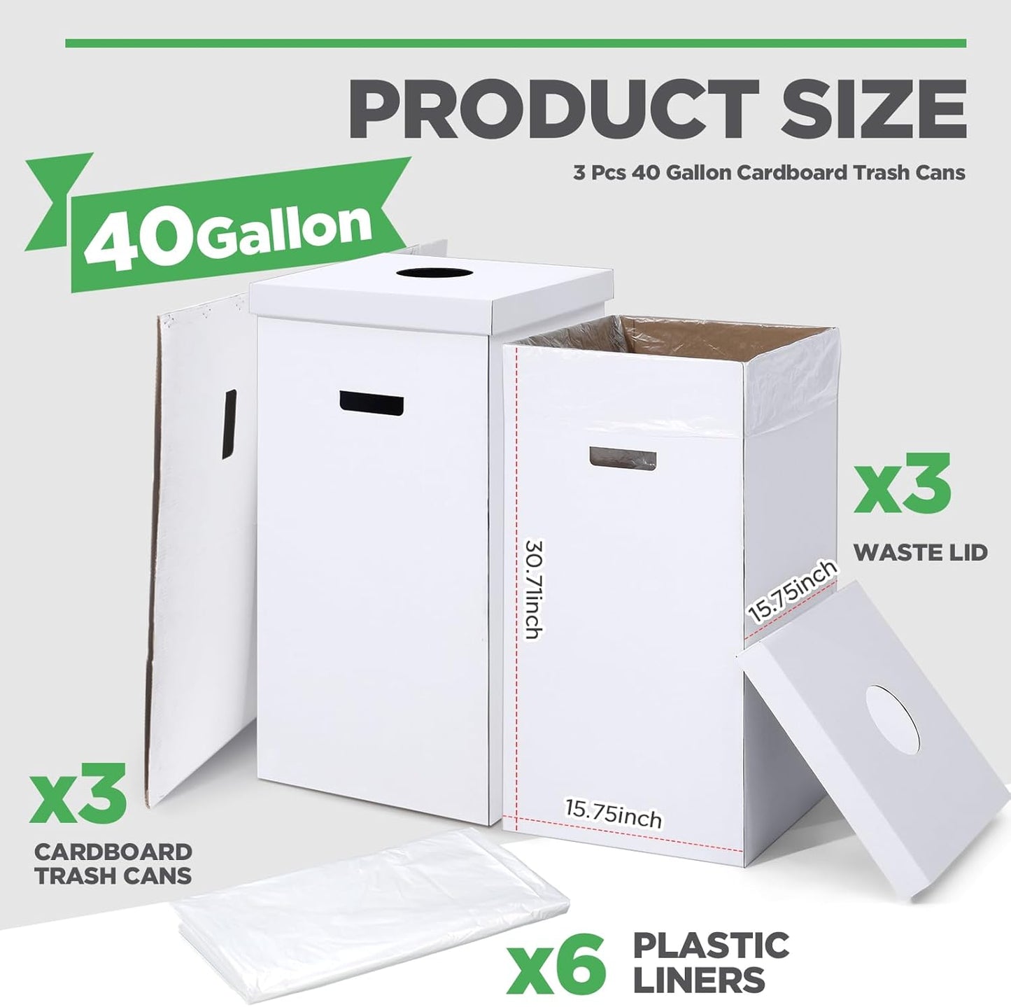 3 Pcs Cardboard Trash Cans with Lid Disposable and Reusable Corrugated Cardboard Trash Cans Recycling Bins Bulk with 6 Garbage Bags White Rubbish Boxes for Parties Events(40 Gallon)