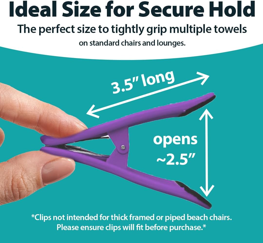 CoreClips Towel Clips for Beach Chairs - Set of 4 Pool Towel Holder Clips for Lounge Chairs on Cruise, Large 2.5” Opening Heavy Duty Clip for Towels on Boat Loungers with Travel Pouch - Purple