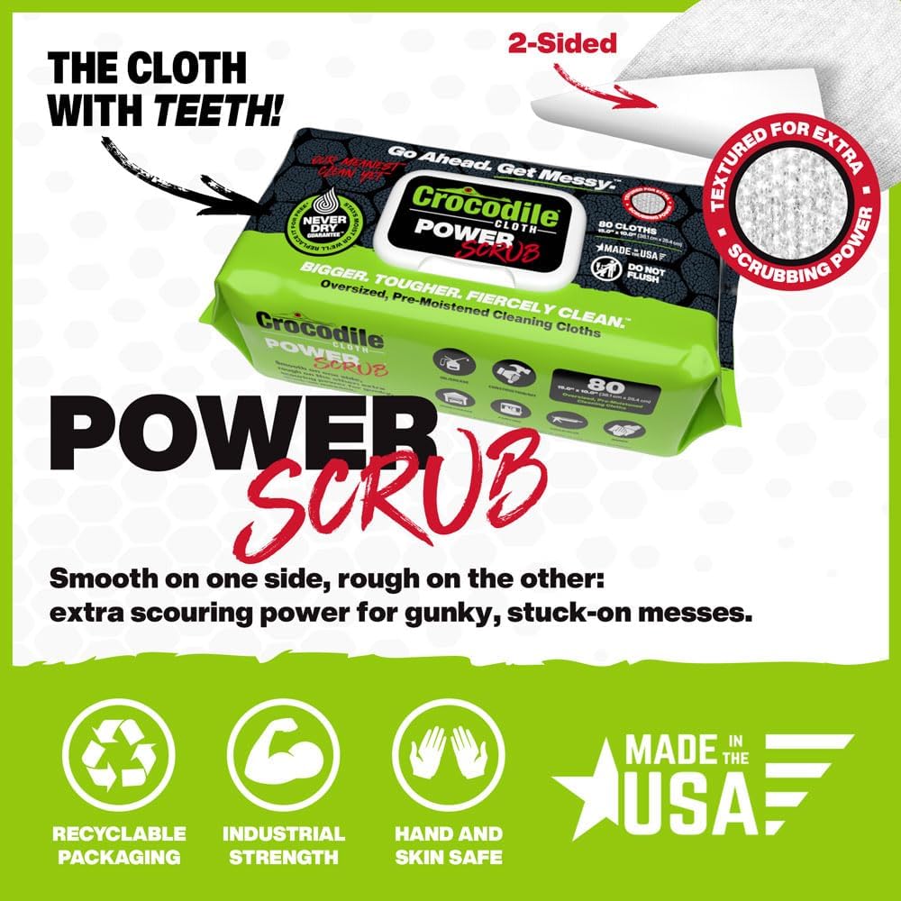 Crocodile Cloth PowerSCRUB Cleaning Wipes – 480 Count (6 Packs of 80 Count) Dual-Surface Cloths, Heavy-Duty, Moist, Absorbent, & Disposable - Safe on Skin & Multiple Surfaces - 15" x 10" XL Wipes