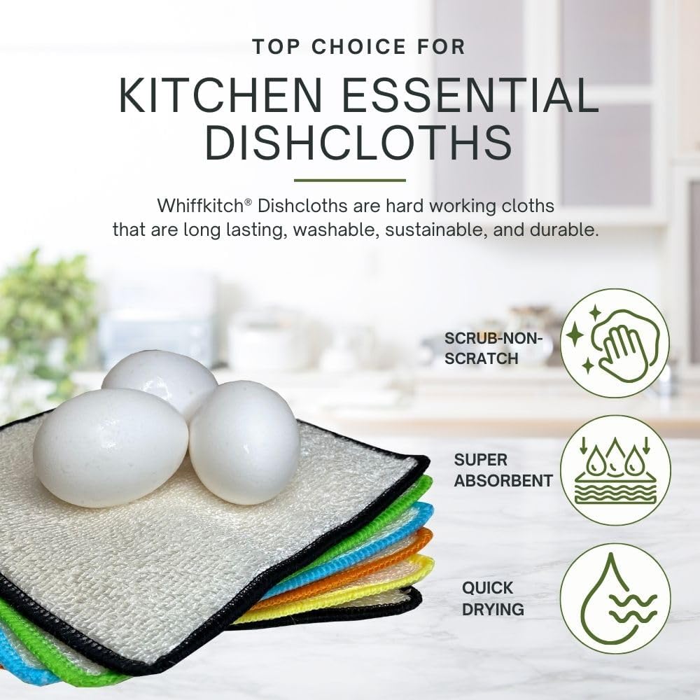 Whiffkitch Dishcloths Dishrags for Kitchen and Household Cleaning 6x7 6-Pack Non-Scratch 2-Ply Weave, Bamboo-Rayon Fabric, Absorbent, Washable, Long-Lasting